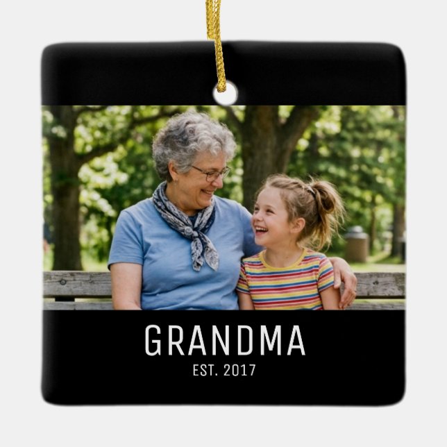 Grandma Established Photo Ceramic Ornament (Front)