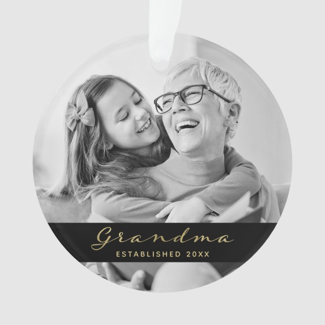 Grandma Established | Photo Heart Black and Gold Ornament (Front)