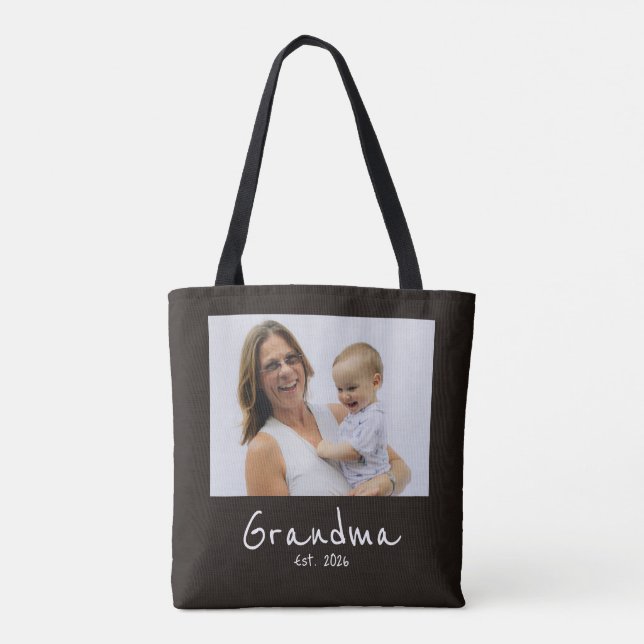 Grandma Established Photo white script Tote Bag (Back)