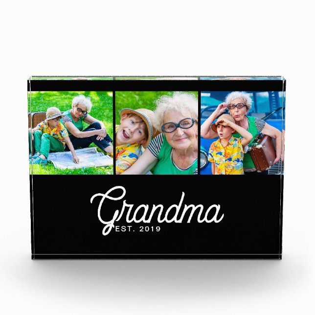 Grandma Established Script Black 3 Photo Block (Front)
