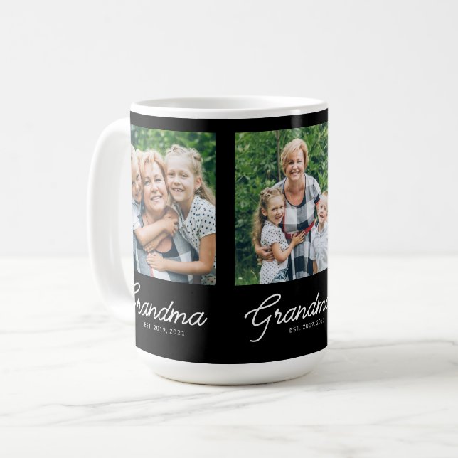 Grandma Established Script Black 3 Photo Coffee Mug (Front Left)