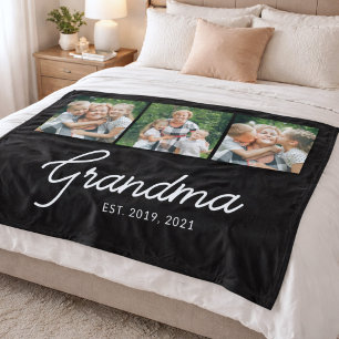 Grandma Established Script Black 3 Photo Fleece Blanket