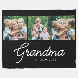 Grandma Established Script Black 3 Photo Fleece Blanket