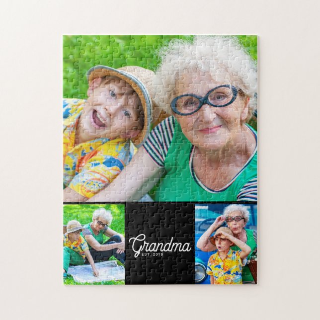Grandma Established Script Black 3 Photo Jigsaw Puzzle (Vertical)