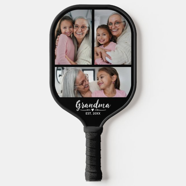 Grandma Established Script Black 3 Photo Pickleball Paddle (Front)