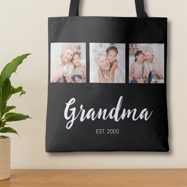 Grandma Established Script Black 3 Photo Tote Bag (Creator Uploaded)