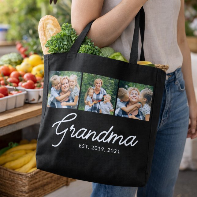 Grandma Established Script Black 3 Photo Tote Bag (Creator Uploaded)