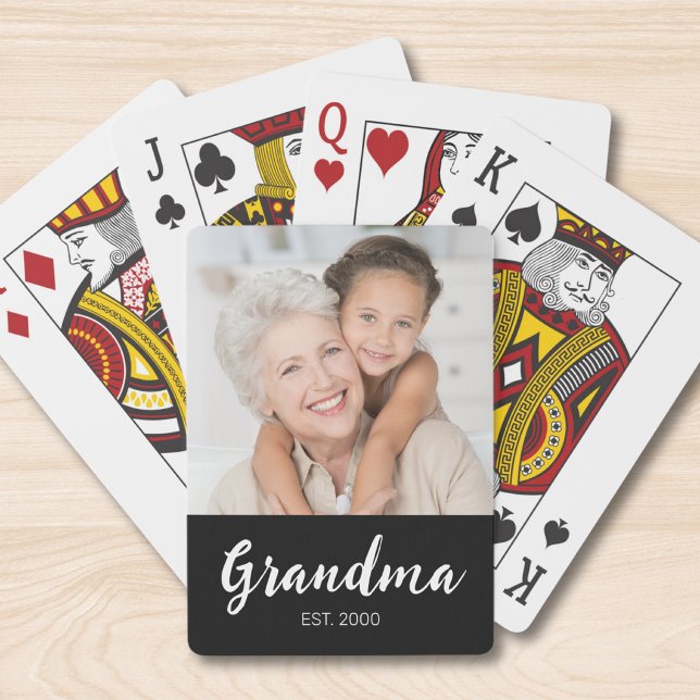 Grandma Established Script Black Photo Playing Cards (Creator Uploaded)