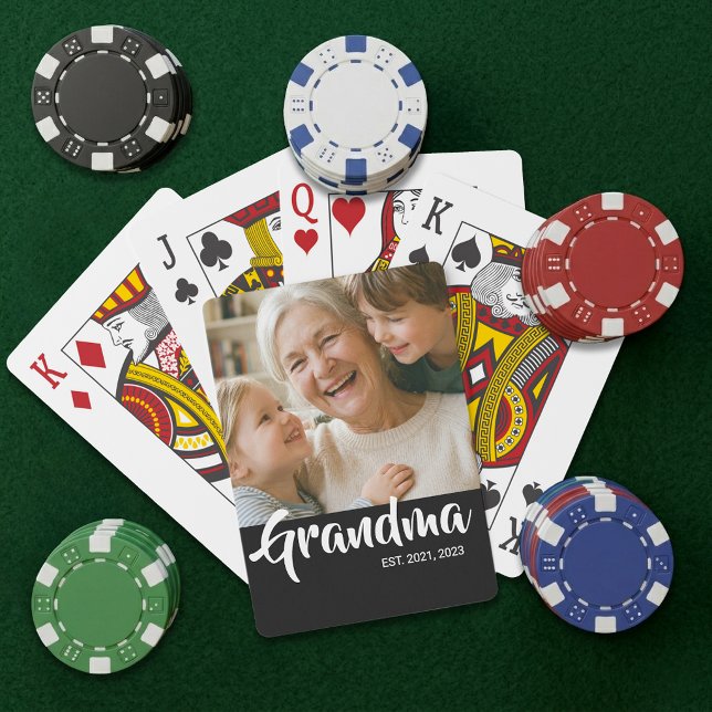 Grandma Established Script Black Photo Playing Cards (Grandma Established Script Photo Playing Cards)