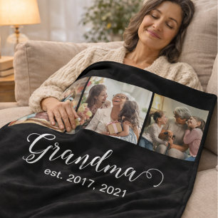 Grandma Established Script Gift 3 Photo Fleece Blanket