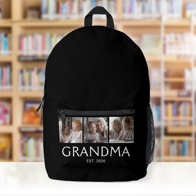 Grandma Established Typography Black 3 Photo Printed Backpack (Creator Uploaded)