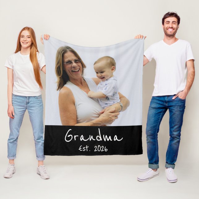 Grandma Established white script photo Fleece Blanket (In Situ)
