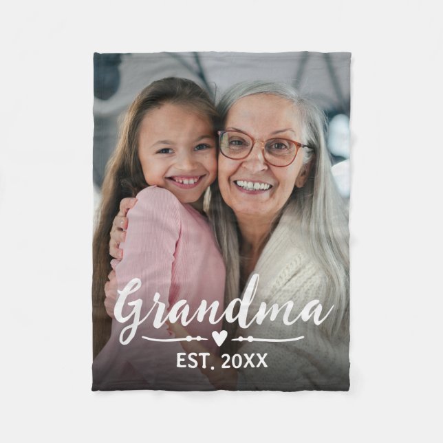Grandma Established White Script Photo Fleece Blanket (Front)
