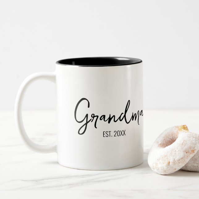 Grandma Established Year Black Script Typography Two-Tone Coffee Mug (With Donut)