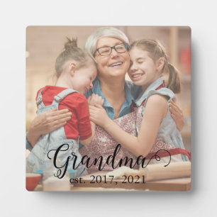 Grandma Established Year Modern Black Script Photo Plaque