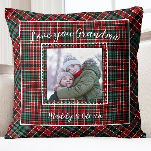 Grandma Family Photo Rustic Plaid Cushion