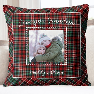Grandma Family Photo Rustic Plaid Cushion