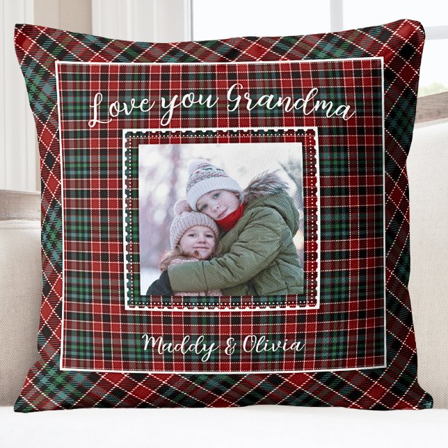 Grandma Family Photo Rustic Plaid Cushion (Grandma Holiday Christmas Grandkids Photo Throw )