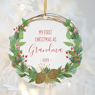 Grandma First Christmas Rustic Wreath Baby Photo Ceramic Ornament