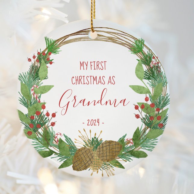 Grandma First Christmas Rustic Wreath Baby Photo Ceramic Ornament (Creator Uploaded)