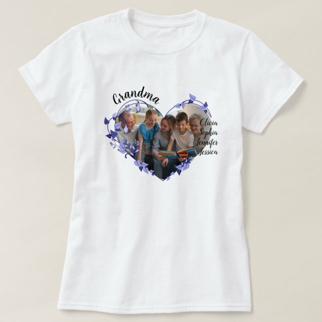Grandma flower heart With Grandkids Names & Photo T-Shirt (Design Front)