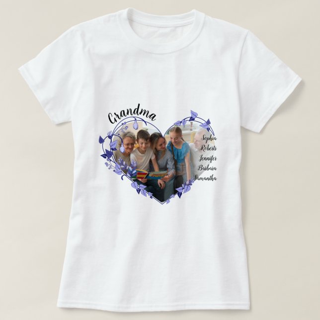 Grandma flower heart With Grandkids Names & Photo T-Shirt (Design Front)