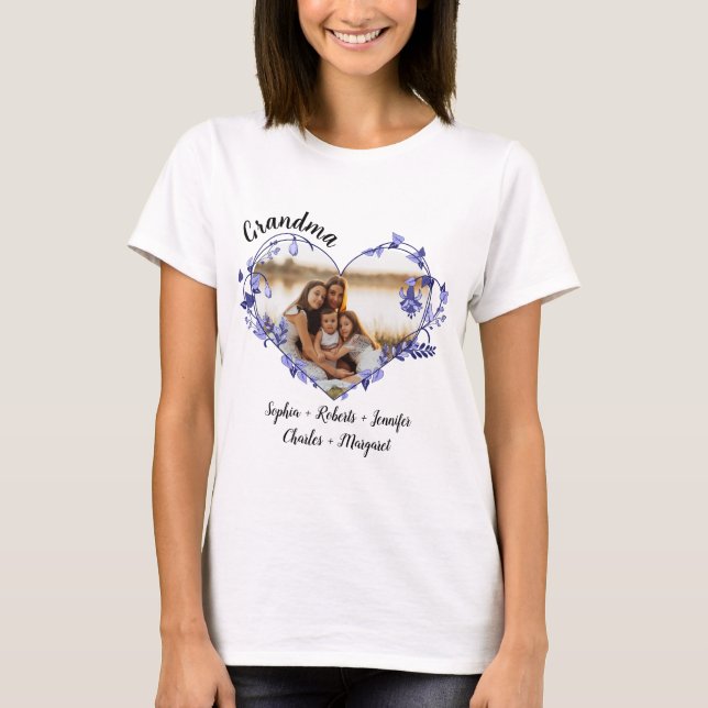 Grandma flower heart With Grandkids Names & Photo T-Shirt (Front)