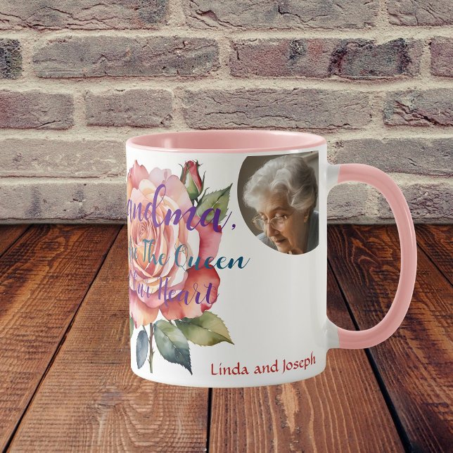 Grandma gift 3 photo watercolour floral cofee Mug (Grandma is the queen in our heart)