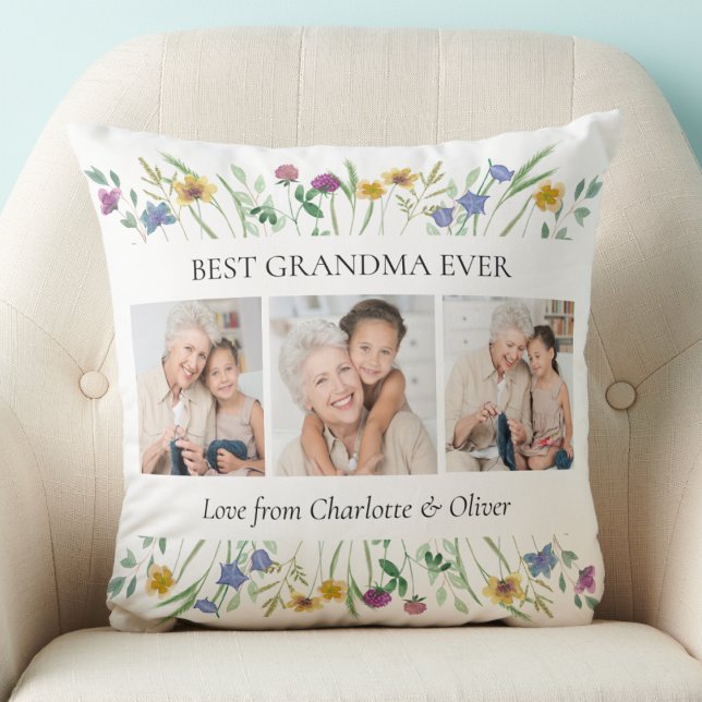 Grandma Gift 3 Photos Floral Cushion (Creator Uploaded)