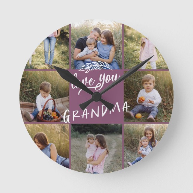 Grandma gift 8 photo grandchild simple typography round clock (Front)