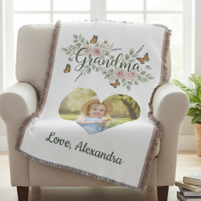 Grandma Gift - Floral Photo Throw Blanket (Personalized photo Grandma gift)