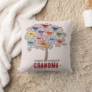 Grandma Gift Grandchildren Names Tree 12 birds Thr Cushion