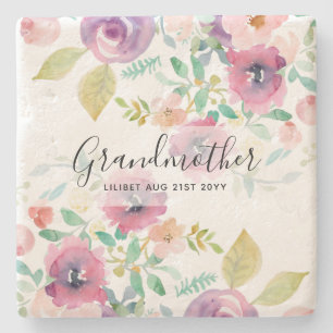 Grandma Gift - Pretty Plum Pink Flowers Perosonal Stone Coaster