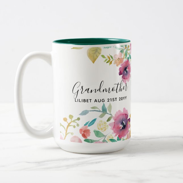 Grandma Gift - Pretty Plum Pink Flowers Perosonal Two-Tone Coffee Mug (Left)