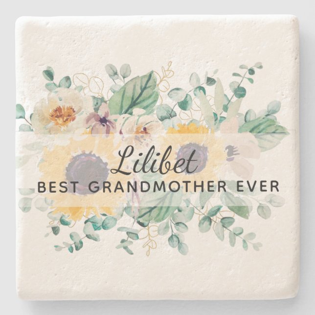 GRANDMA Gifts - Sunflower Themed Personalised Stone Coaster (Front)