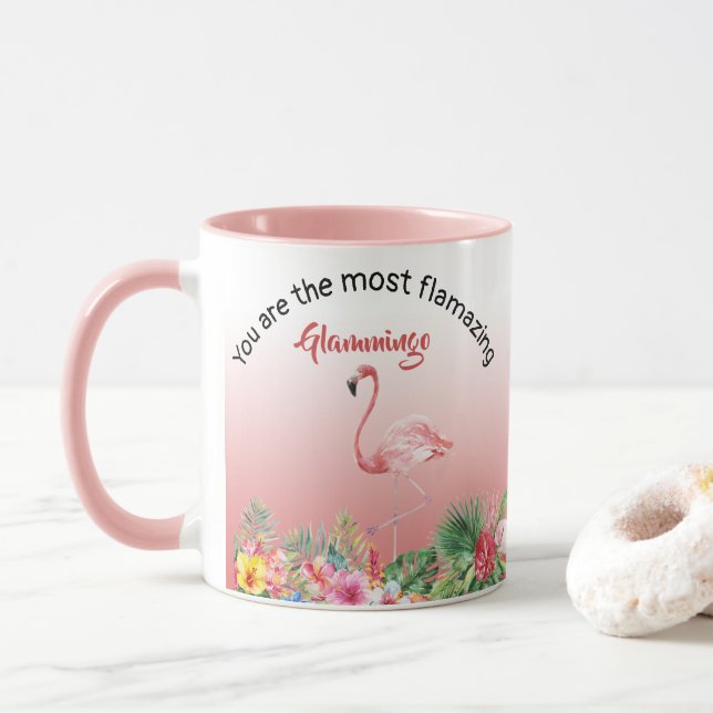 Grandma Glamingo Flamingo Pink Tropical Name Photo Mug (With Donut)