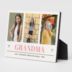 GRANDMA Grandchildren NAME 3 Photo pink grey heart Plaque