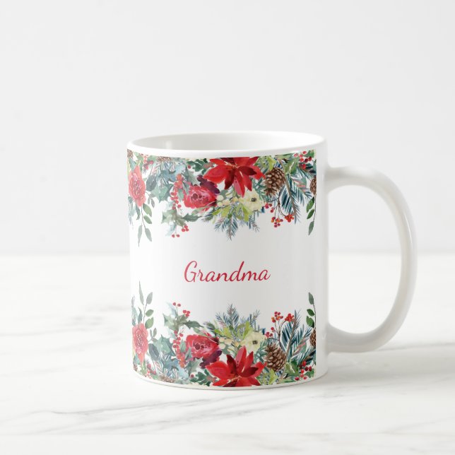 Grandma Grandmother Christmas Rose Monogram Coffee Mug (Right)