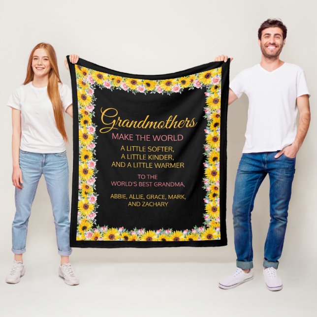 Grandma Grandmother Quote Pink Yellow Floral  Fleece Blanket (In Situ)
