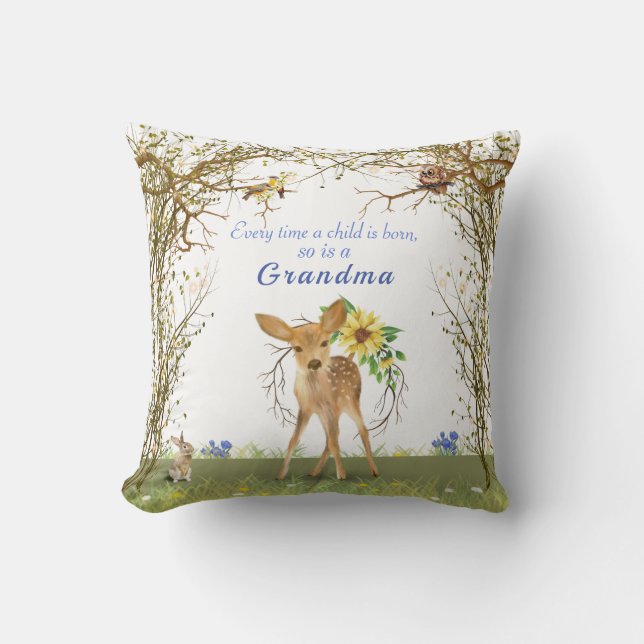  Grandma & Grandpa Fawn Owl Bunny Flowers Cushion (Front)