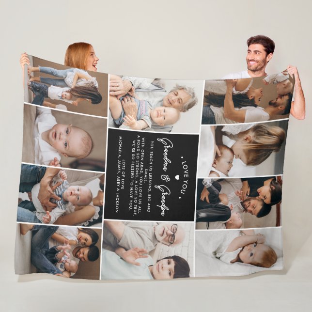 Grandma & Grandpa Love You 10-Photo Collage Modern Fleece Blanket (In Situ)