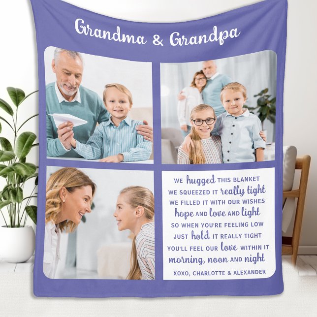 Grandma Grandpa Modern 3 Photo Custom Grandparents Fleece Blanket (Creator Uploaded)