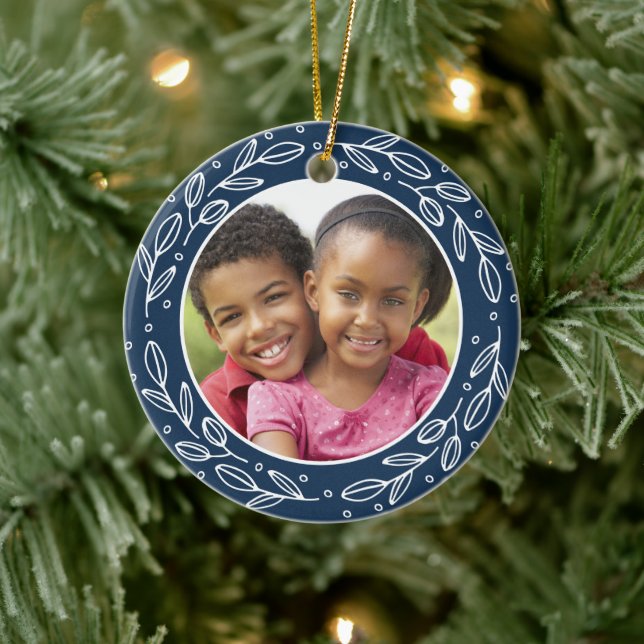 Grandma & Grandpa Navy Blue Christmas Picture Ceramic Ornament (Tree)