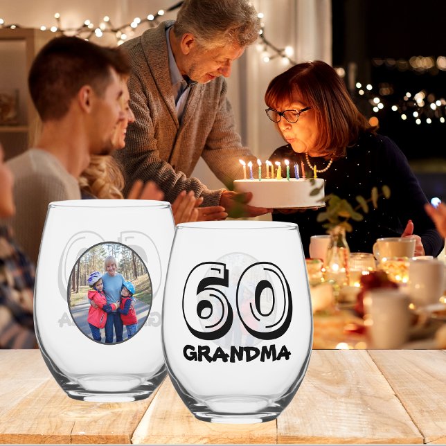 Grandma Happy 60th Birthday Photo Stemless Wine Glass (Grandma's 60th Birthday - Front And Back)