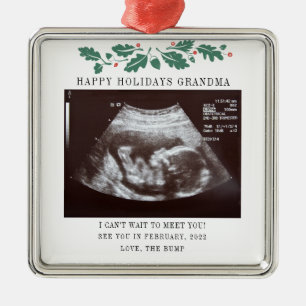 Grandma Happy Holidays Pregnancy Ultrasound Photo Metal Ornament