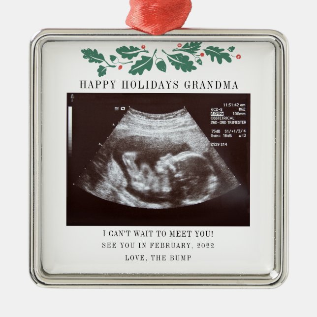 Grandma Happy Holidays Pregnancy Ultrasound Photo Metal Ornament (Front)