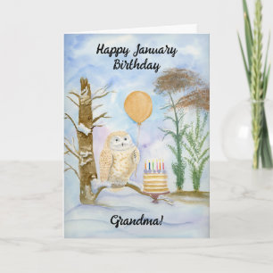 Grandma Happy January Birthday Owl Cake Card