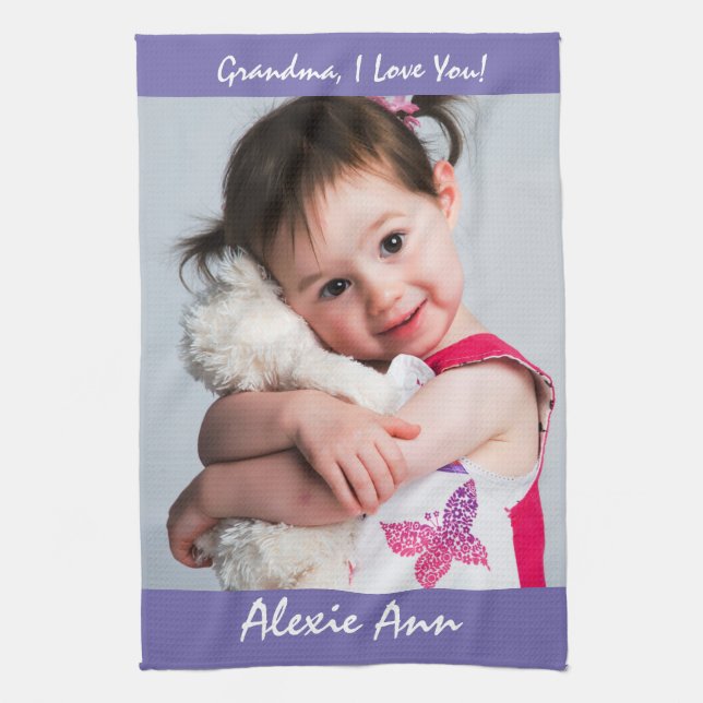 "Grandma, I Love You" Personalise Name, Periwinkle Tea Towel (Vertical)