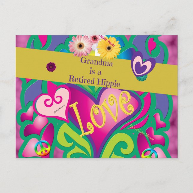 Grandma is a Retired Hippie, cute and colourful Postcard (Front)