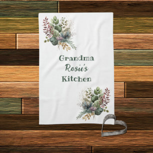Grandma Kitchen Personalised Watercolor Greenery Tea Towel